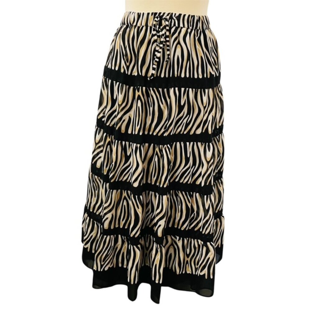 Alfred Dunner Zebra Print Tiered Midi Skirt Sz 24W Sheer Ruffle Office Artsy